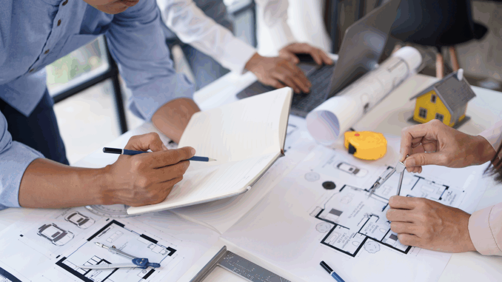 Architect-presenting-custom-home-design-concept-drawings-to-clients - Summit Construction Architect presenting custom home design concept drawings to clients