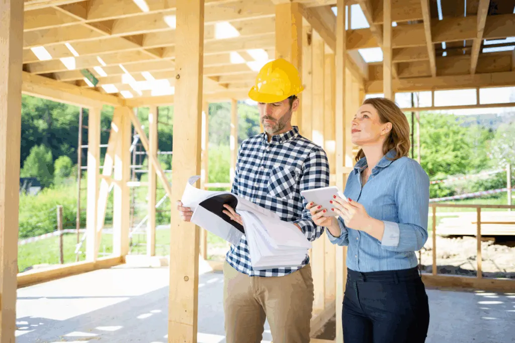 Builder and client reviewing progress on a luxury custom home under construction