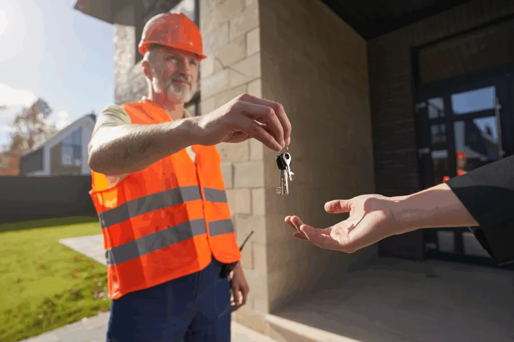 Homeowner receiving keys from builder at completion of luxury custom home