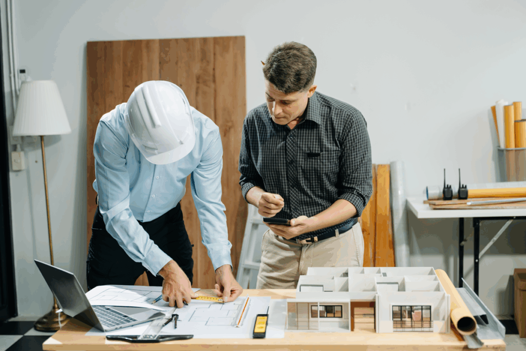 home-client-reviewing-design-plans-with-architect-during-design-development-phase - Summit Construction home client reviewing design plans with architect during design development phase